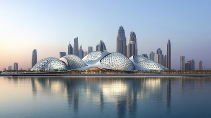 Naklejka premium Modern architectural design reflecting in calm water, city skyline in background.