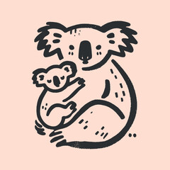 Minimalistic hand drawn koala mom with baby illustration with bold black lines 