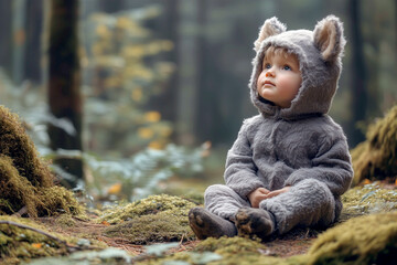 Caucasian toddler, around 2 years old, wearing a gray animal-themed onesie with ears, sitting on mossy ground in a serene forest, looking upward with curiosity.

