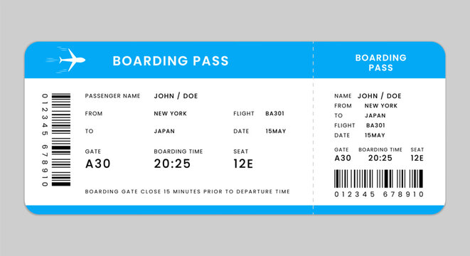 Boarding pass template. Realistic airline ticket design with passenger name. Vector illustration