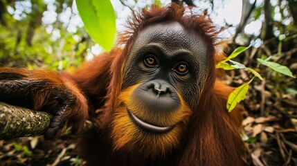 Fototapeta premium A curious orangutan leaning on a branch with expressive eyes in a dense rainforest.