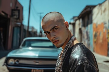 Obraz premium Gen Z male with buzzcut and chain necklace, standing in front of a classic car, urban alleyway backdrop, sharp sunlight, bold and confident expression