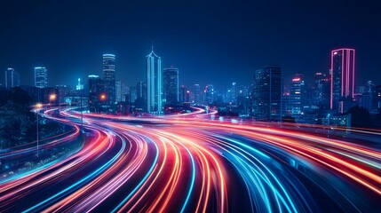 Dynamic night traffic flow urban cityscape long exposure photography vibrant modern aerial view motion concept
