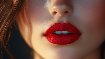 Fototapeta premium Closeup of perfect natural plump lips with red lipstick showing white teeth