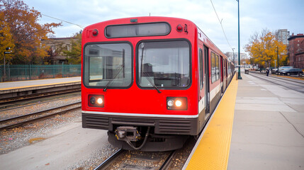 Obraz premium Red Commuter Train at Station Platform