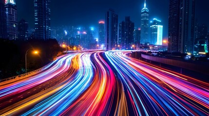 Obraz premium Dynamic light trails from vehicles in urban cityscape at night long exposure photography vibrant atmosphere