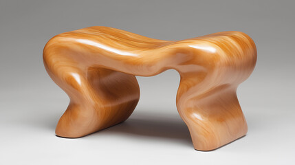 Polished Light-Brown Wood Bench with Organic Form