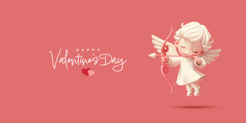 Happy Valentine's Day. 3D flying cute cupid shooting arrows from a bow. For concepts of celebrating love, wedding, engagements, anniversary. Modern banner. Vector