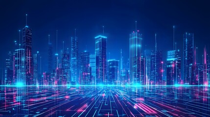 Fototapeta premium Vibrant futuristic cityscape digital metropolis visual art urban environment wide-angle view technology concept