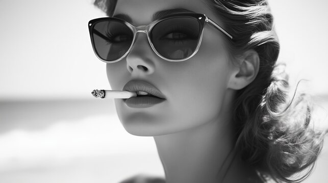 Model smoking a cigarette wearing sunglasses, black and white retro portrait
