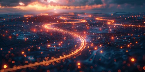 Futuristic glowing digital landscape with flowing light trails and vibrant particles, symbolizing data networks