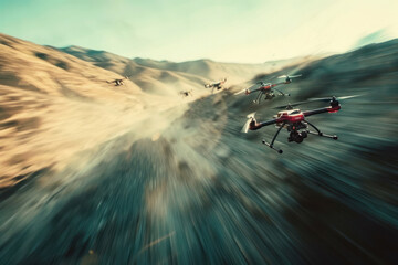 High-speed tracking footage capturing FPV drones in motion, cinematic tone
