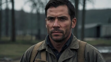 Close up, portrait of male equipped soldier, army in military uniform 