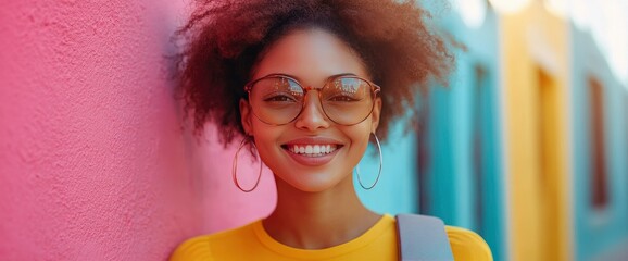 Happy Young Woman with Afro Hairstyle Smiling Against Colorful Wall