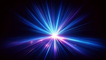 Blue and violet beams of bright laser light shining on black background