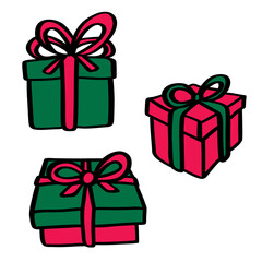 Hand drawn colorful gift boxes with tied ribbon wrappings, red and green, isolated on white background. Doodle flat color presents. Vintage style hand painted gift illustrations. Graphic Illustration.