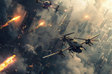 Naklejka premium military drones in action, dramatic and detailed view, high-definition shots