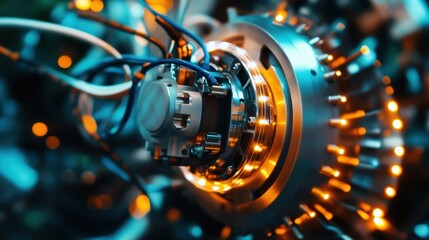 An intricate closeup of a sensor attached to a rotating industrial motor surrounded by wires that connect it to a centralized monitoring system glowing with LED lights.