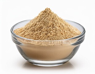 Glass bowl of mixed bran flour isolated on white