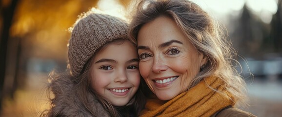 Fototapeta premium Loving Grandmother and Granddaughter Embrace in Autumnal Park