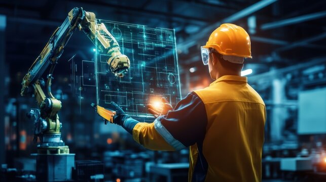 A technician in safety gear repairs an advanced robotic arm on the factory floor illustrating the importance of mechanical skills in the context of modern automation.