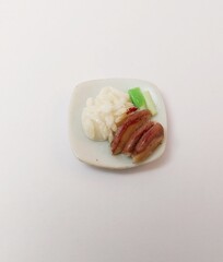 miniature cute handmade clay isolated sculpture food rice grilled meat
