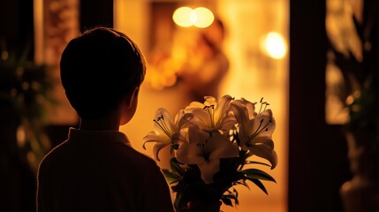 Junge mit weißen Blumen im Abendlicht