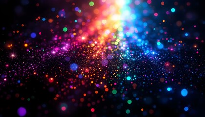Multicolor bokeh, raining light, blurry lights, blurry background, rainbow confetti on a black background. Colorful bokeh lights abstract background with glowing light effects in dark background