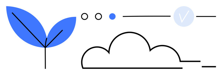 Plant with blue leaves, black cloud outline, and minimalist accents including dots and a checkmark. Ideal for eco-friendly themes, technology, growth, minimalism, nature innovation motivation. Line