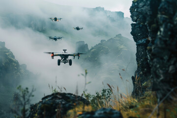 Fototapeta premium Professional scenes showcasing advanced FPV drones, scenic environment