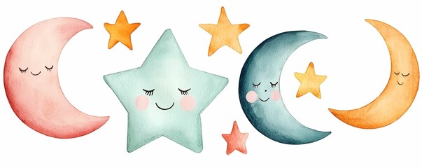 Cute pastel watercolor  concept. Playful watercolor moons and stars with smiling faces in soft pastel colors.