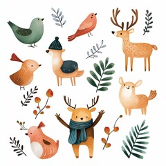 Fototapeta premium Cute pastel watercolor concept. Colorful illustrations of cute animals and birds surrounded by leaves and plants.