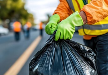 A person wearing green gloves is holding black garbage bags and carefully picking up trash on the street