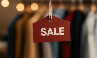Red sale tag hanging in a retail store amid clothing displays and decorative lights