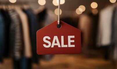 Red sale tag hanging in a retail store showcasing discounts and promotions in a vibrant clothing environment