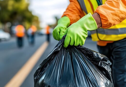 A person wearing green gloves is holding black garbage bags and carefully picking up trash on the street