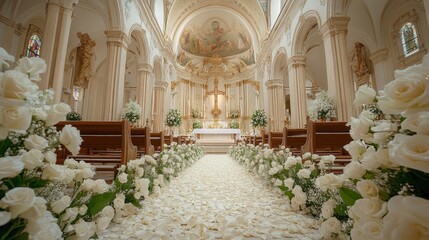 Luxurious church interior beautifully decorated for a wedding