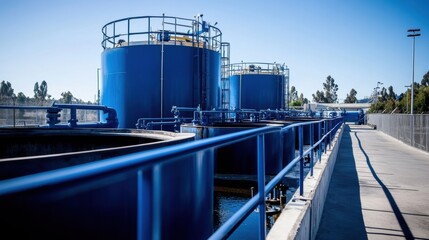 Obraz premium Water treatment facility with large storage tanks and clear sky