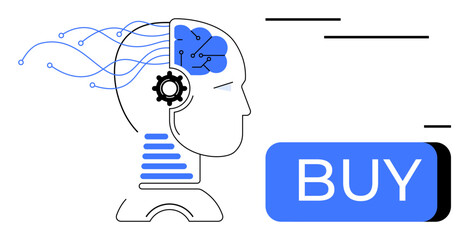 Human head connected to a blue AI brain with circuits, adjacent to a prominent blue BUY button. Ideal for marketing, AI technology, e-commerce, neuroscience, automation, digital transformation