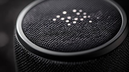 Close-up of a Black Smart Speaker with Fabric Covering and LED Indicator Lights
