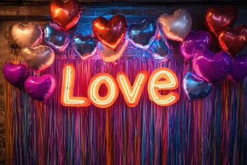 A neon sign that says love is surrounded by heart shaped balloons. Rainbow-themed Valentine’s decorations