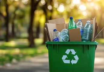  Green recycling bin with cardboard and plastic bottles on a blurred background of a park in daylight