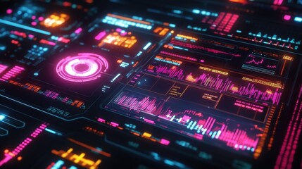 Obraz premium A closeup image of algorithmic trading software illuminated neonstyle charts displaying stock movements and AI indicators that assist traders in making informed decisions.