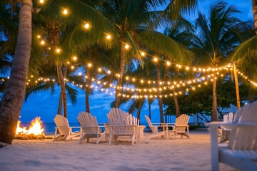 A serene beach setting with chairs, lights, and a fire pit at dusk.
