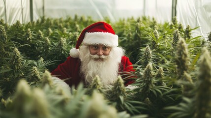 Obraz premium Santa Claus exploring a cannabis greenhouse before Christmas