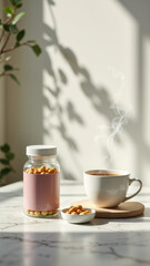 Magnesium supplement capsules alongside a warm beverage, possibly coffee or tea, with steam rising from it on a sunny windowsill.