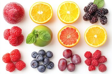 Fresh sliced and whole fruits creating colorful pattern on white background
