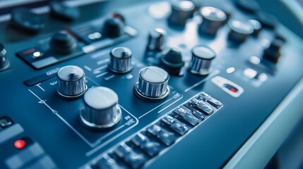 Close-up of a sophisticated control panel with gleaming knobs and buttons. A futuristic and precise piece of technology.