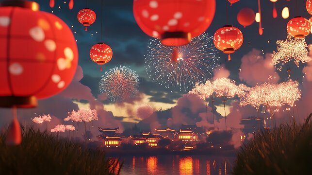 Spring Festival atmosphere, red sky, white clouds, fireworks, 3D rendering, game props, background imageminimalisr style, c4d modeling, OC render