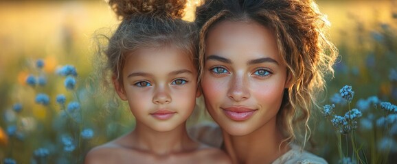 Fototapeta premium Tender Embrace Mother and Daughter in a Field of Flowers